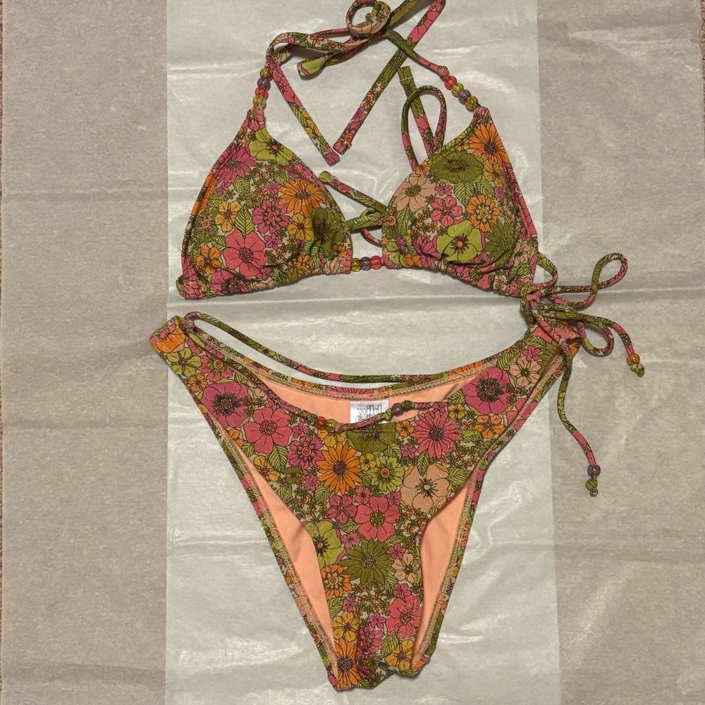 Sparkly Floral Bikini Set in Pink and Green